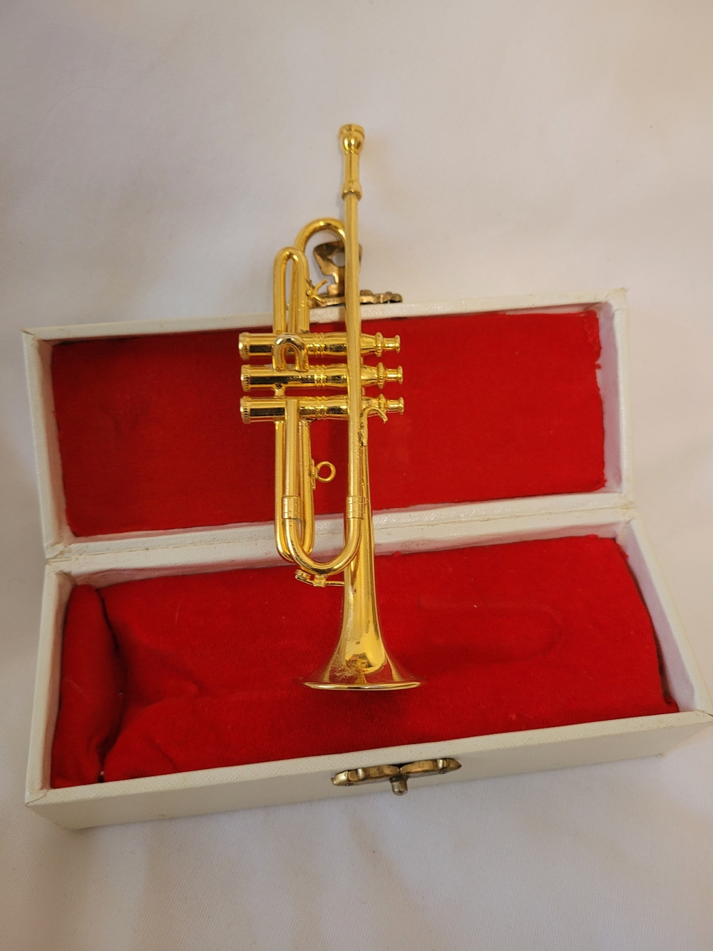Vintage Miniature 5” Metal Trumpet Ornament w/ red Velvet lined Case